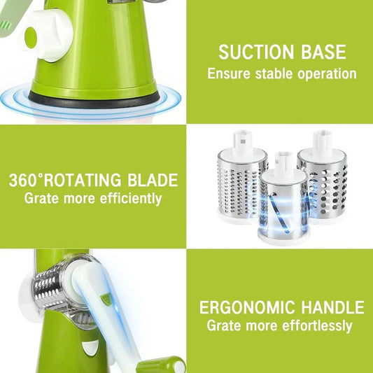 3-in-1 Rotary Vegetable Cutter, Slicer & Cheese Grater – Multifunctional Kitchen Gadget