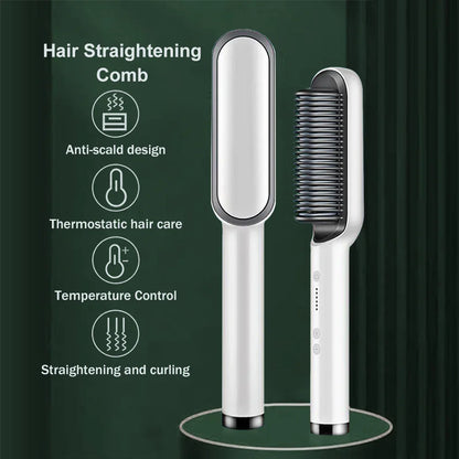 2-in-1 Hair Straightener Brush & Curling Comb | Ceramic Hot Comb Styler