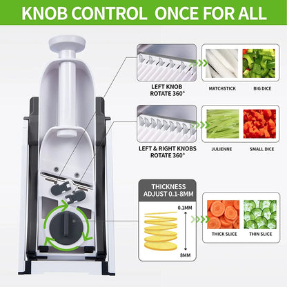 5-in-1 Adjustable Manual Vegetable Slicer & Food Chopper | Multi-Function Cutter, Shredder & French Fries Maker – Kitchen Essentials