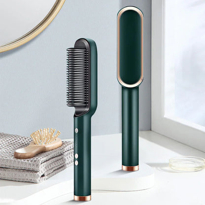 2-in-1 Hair Straightener Brush & Curling Comb | Ceramic Hot Comb Styler