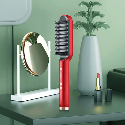 2-in-1 Hair Straightener Brush & Curling Comb | Ceramic Hot Comb Styler