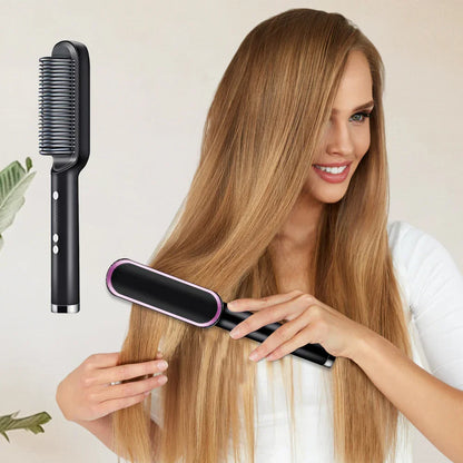 2-in-1 Hair Straightener Brush & Curling Comb | Ceramic Hot Comb Styler