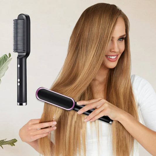 2-in-1 Hair Straightener Brush & Curling Comb | Ceramic Hot Comb Styler